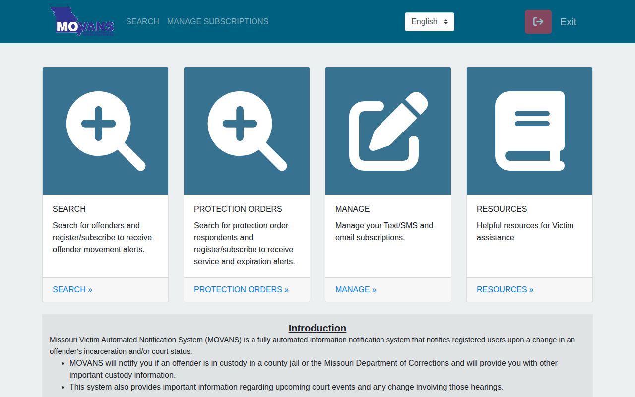 Missouri MOVANS registration interface for SMS and email custody alerts