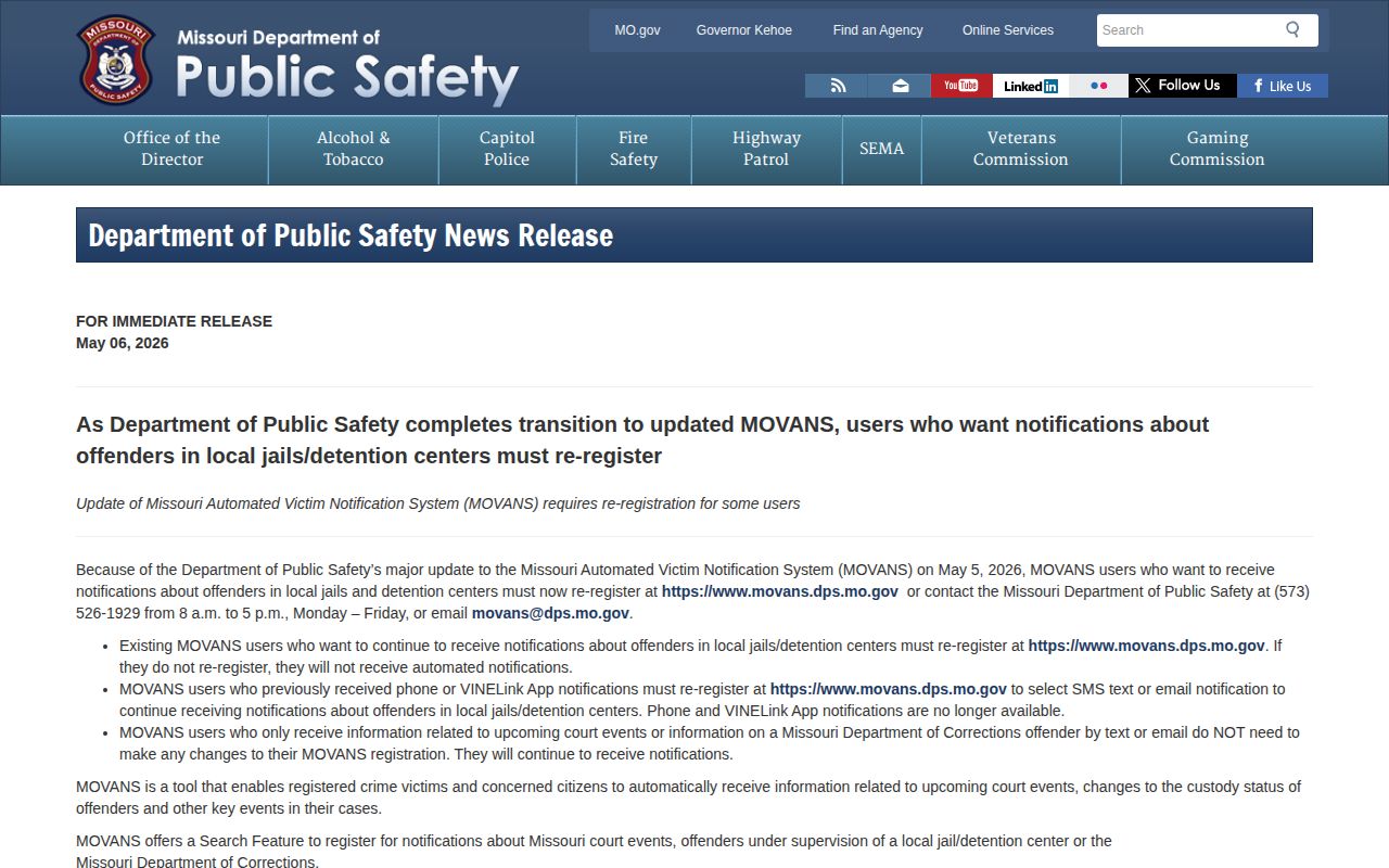 Missouri DPS May 2026 MOVANS local jail notification transition notice