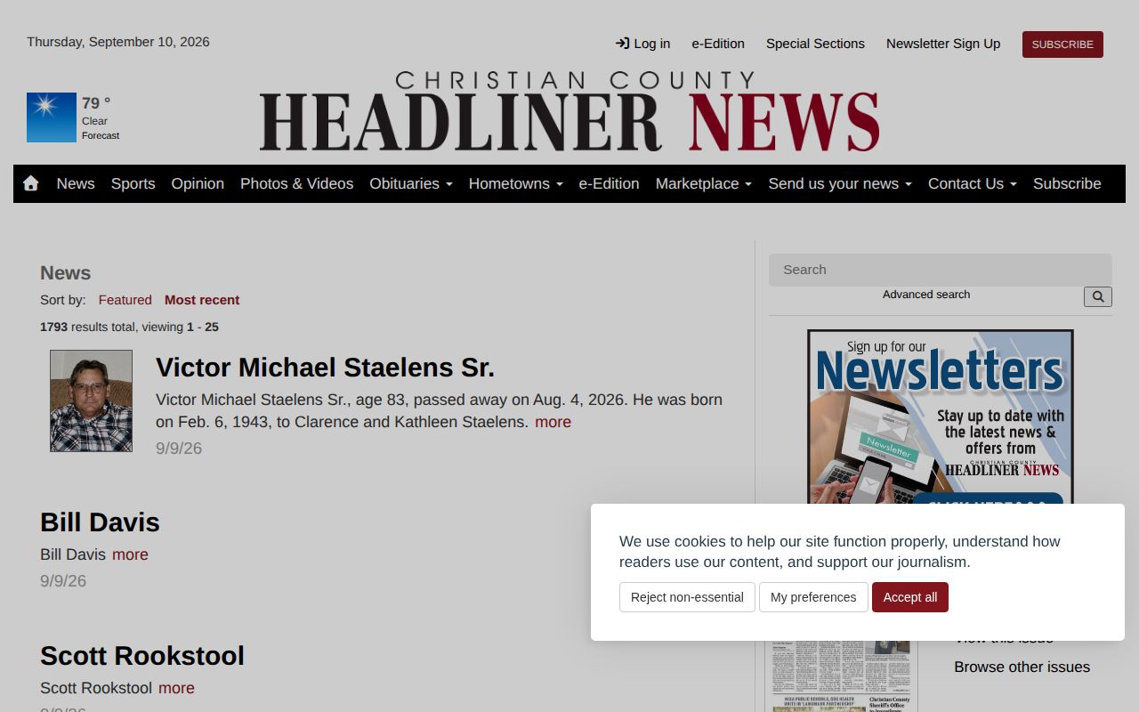 Christian County Headliner local news section interface